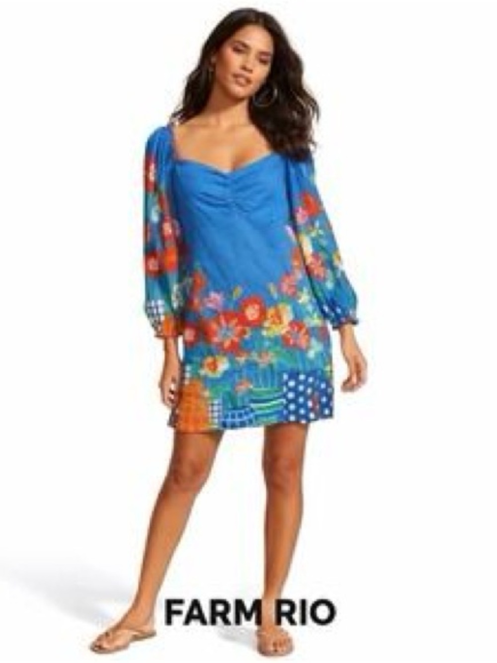 FARM Rio Blue Floral Puff Sleeve Mini Dress Size L Colorful Garden Print - Picture 3 of 15